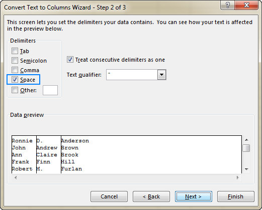 Split names in Excel: separate first and last name into different