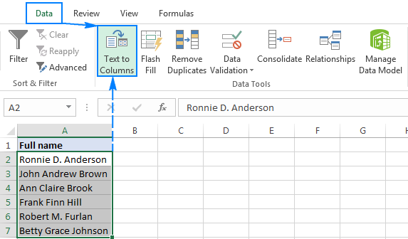 Splitting names with the Text to Columns feature