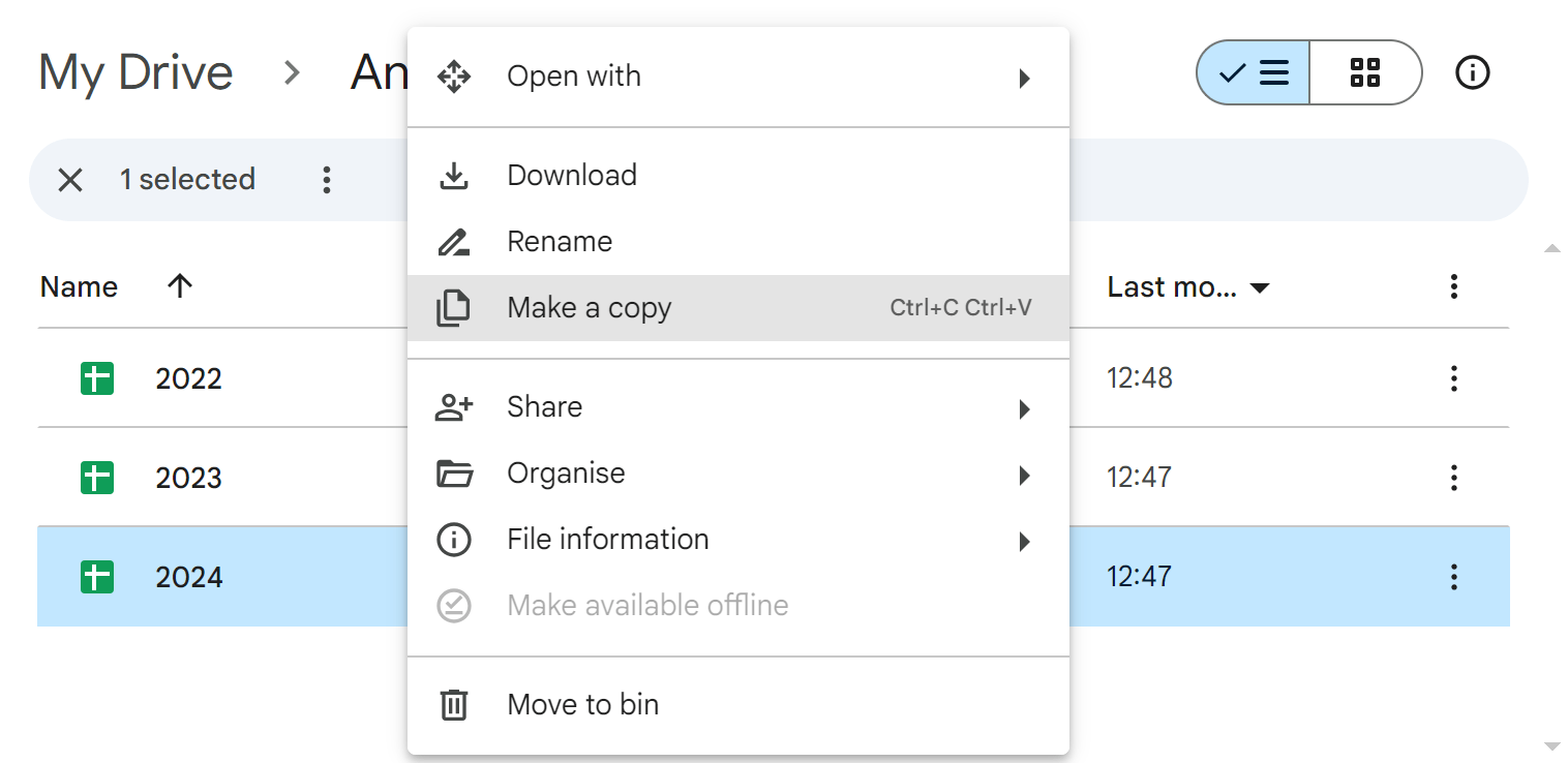Make a copy of your Google Sheets using the Drive context menu.