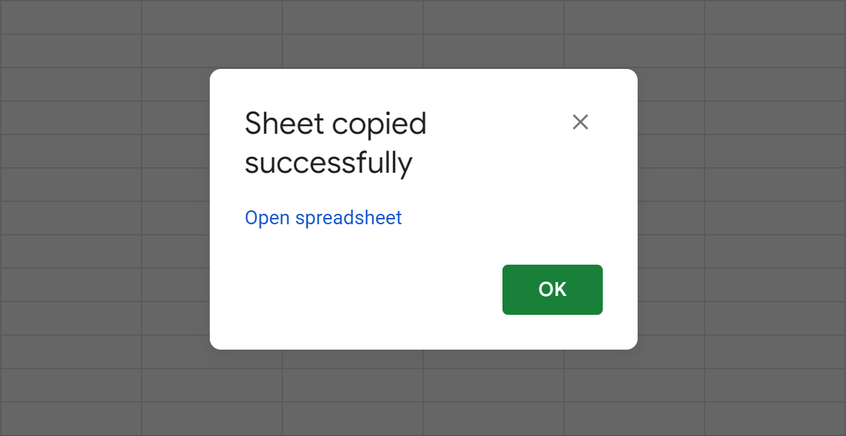 Sheet copied successfully. Open spreadsheet.