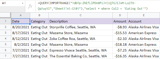 QUERY+IMPORTRANGE to pull certain data to another spreadsheet.