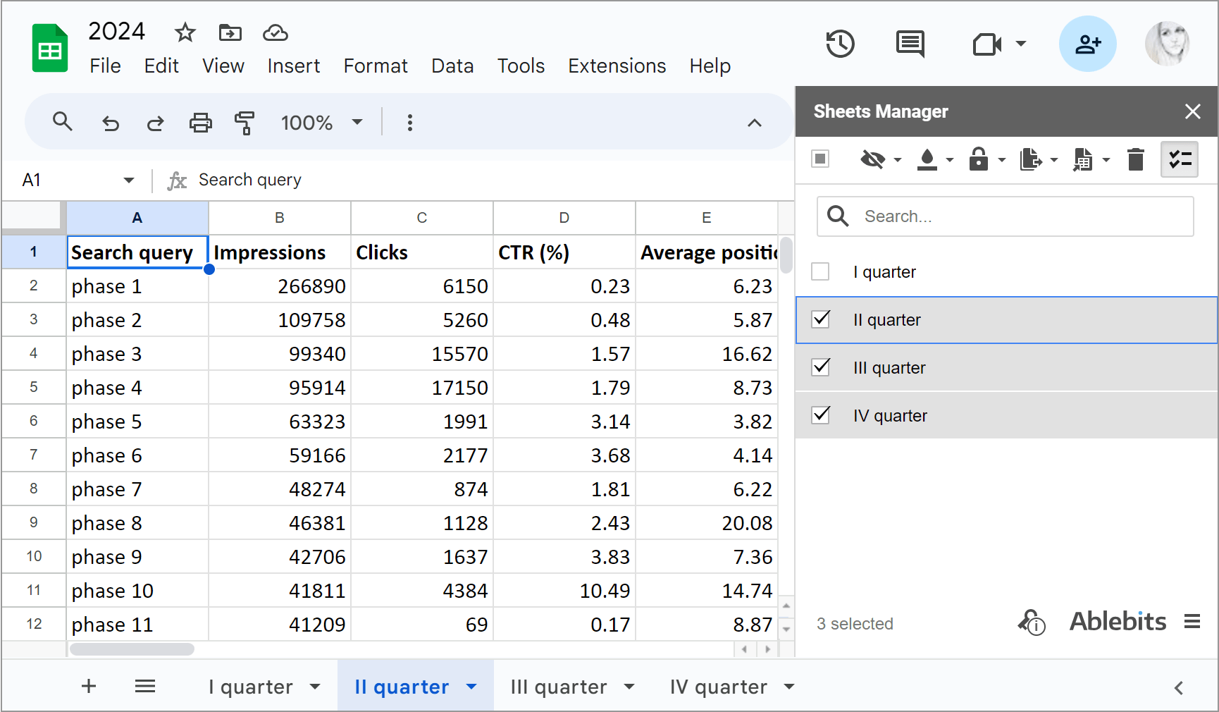 Select sheets to split directly in Sheets Manager.