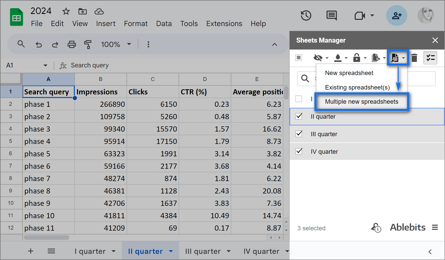 Split one Google Sheets file to multiple new files with just one button.