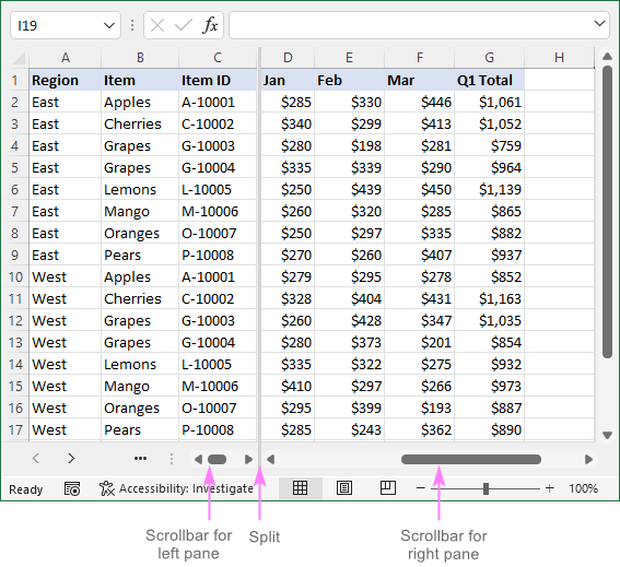 How to split screen in Excel vertically and horizontally