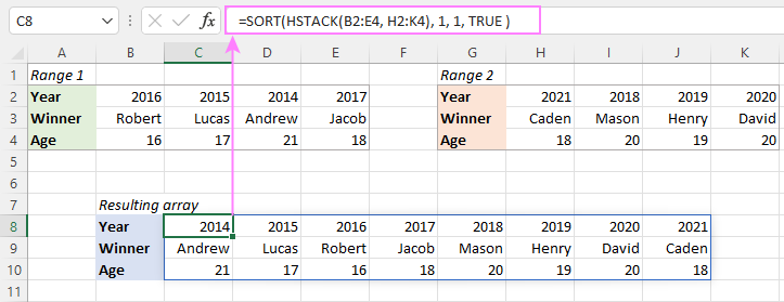 Merge and sort arrays in Excel.