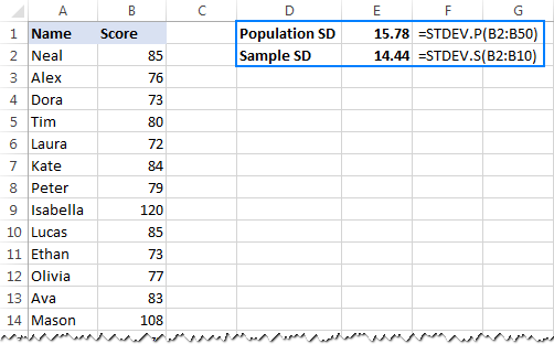 Calculating the standard deviation of a sample and entire population in Excel