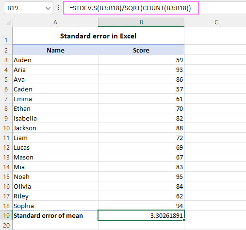 Calculate standard error of the mean in Excel.