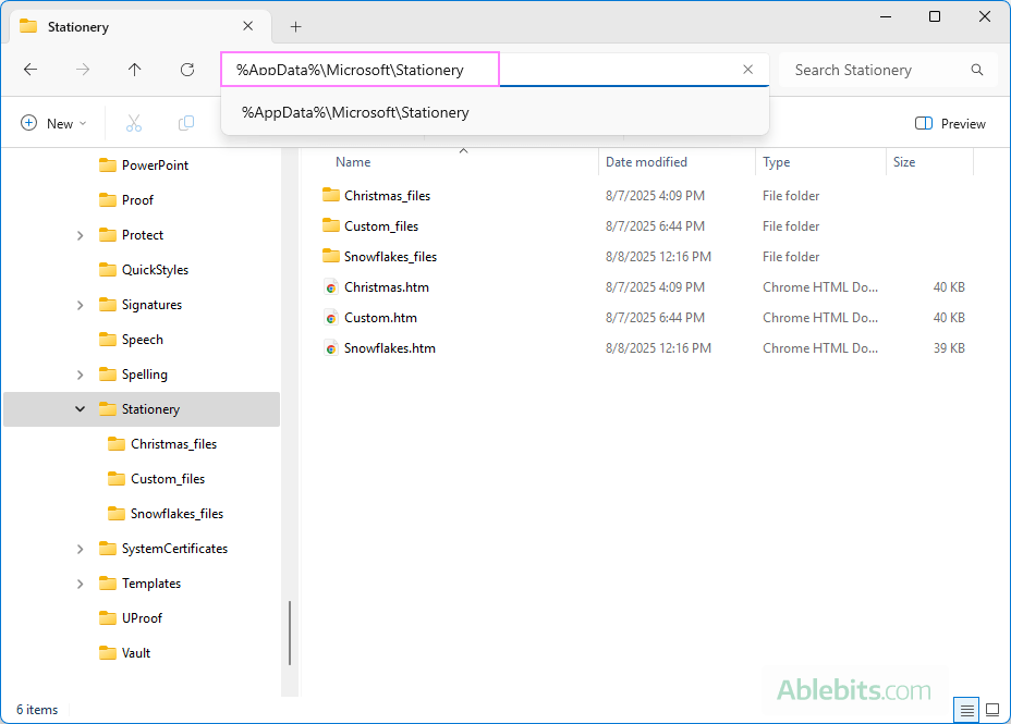 Quickly access the Stationery folder in Outlook.