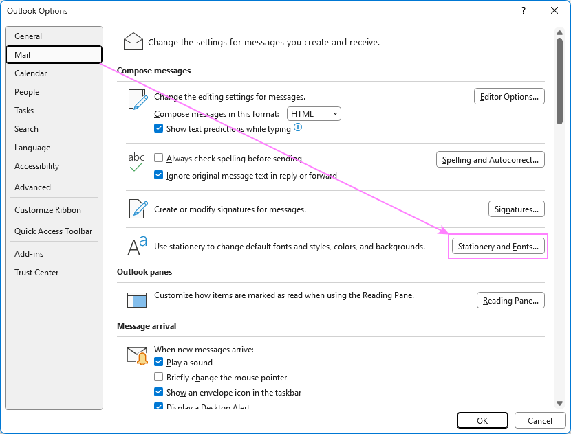Get to Stationery and Fonts in Outlook.