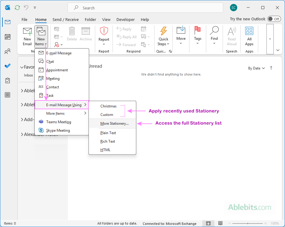 Access Outlook Stationery.