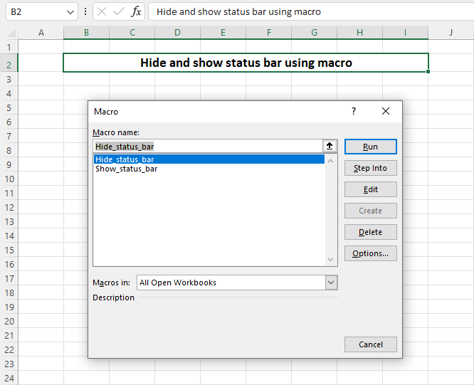 Hide and show status bar in Excel using macros.