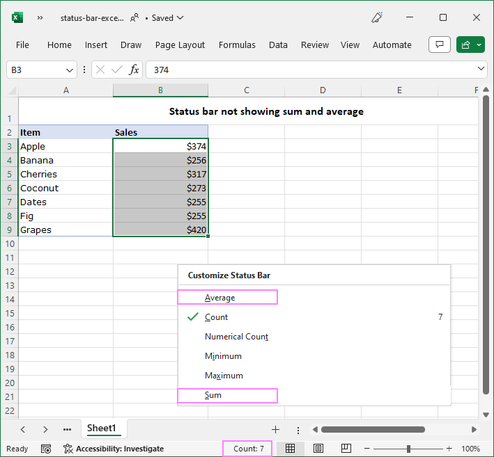 Excel is not showing sum and average in the status bar due to the customization settings.