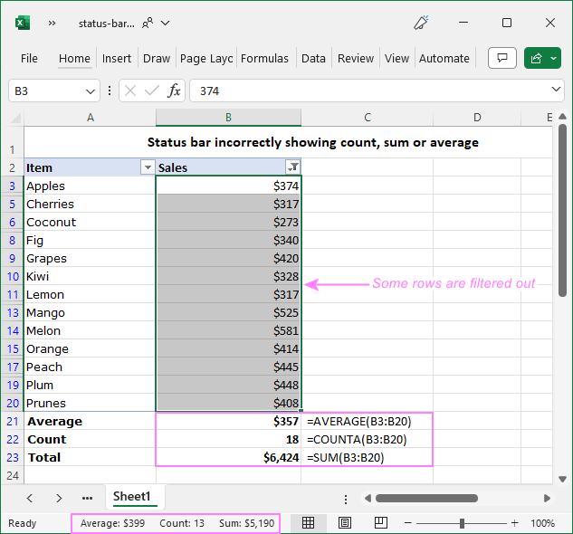 Excel status bar incorrectly shows count, sum and average because of filtered rows.