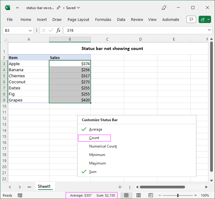 Count is not showing in the Excel status bar.