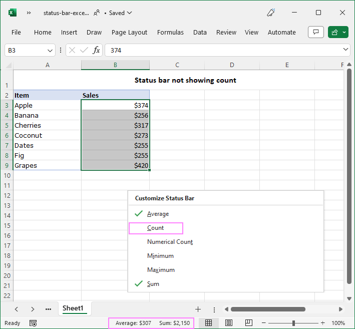 Excel not displaying average sum or count in status bar