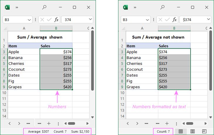 Excel status bar is not showing sum / average