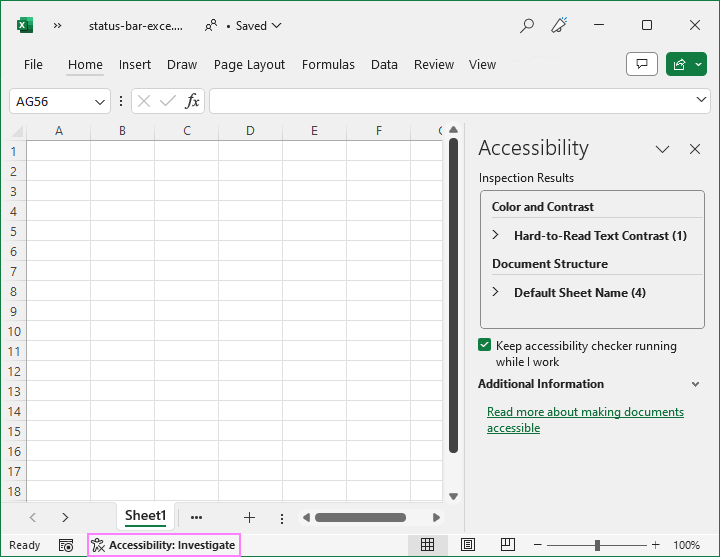 Excel status bar accessibility check