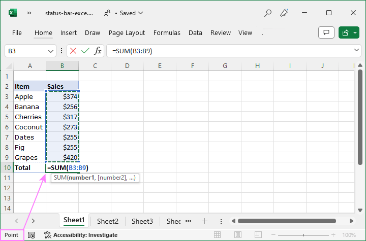 Cell mode on the Excel status bar
