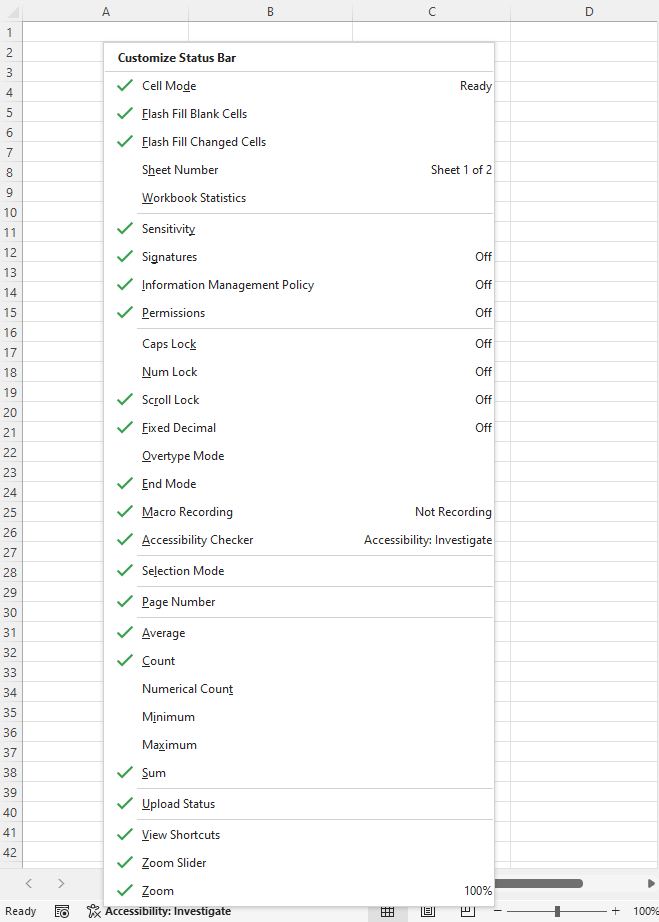 Customize status bar in Excel.