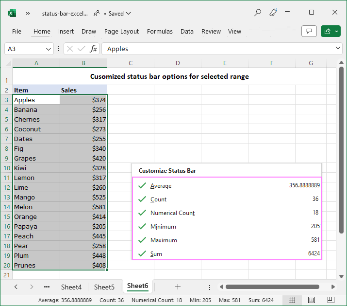 Extended statistics for the selected range provided by a customized status bar