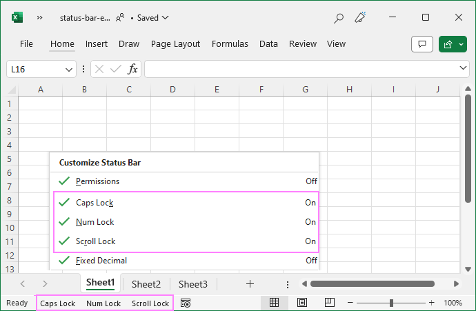 Caps Lock, Num Lock and Scroll Lock on Excel status bar