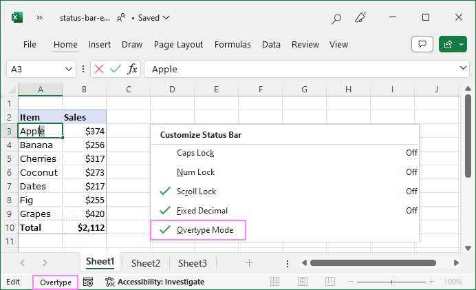 The Overtype mode on a customized Excel status bar