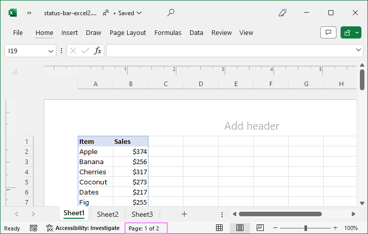 Page Number on the Excel status bar