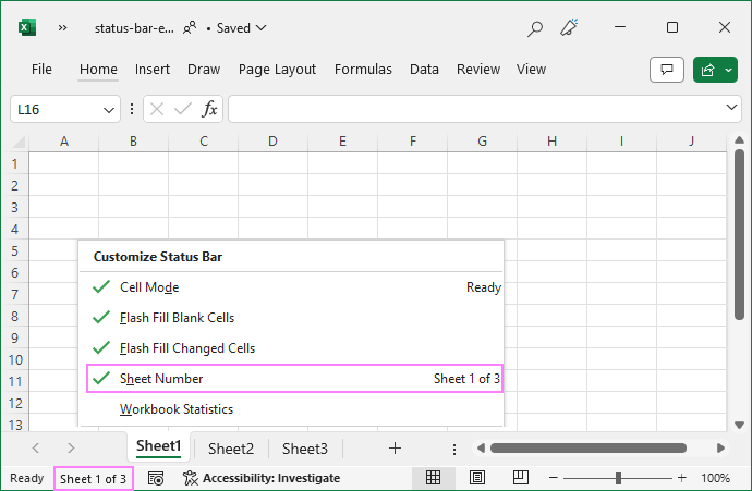Sheet number on a customized Excel status bar