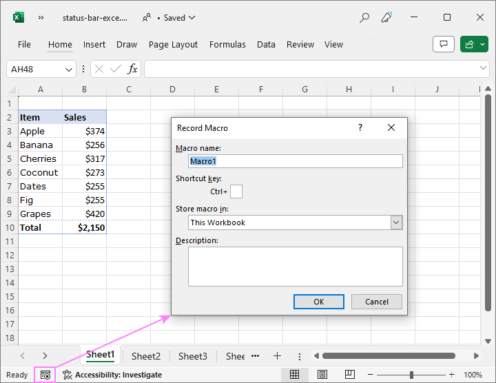 Macro recording icon on Excel's status bar