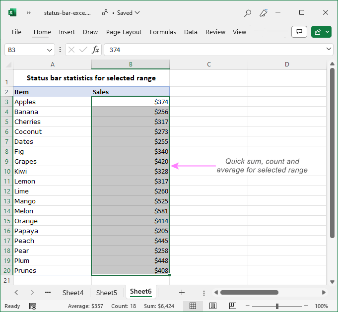 Status bar statistics for selected cells in Excel
