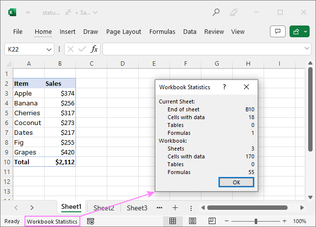 Status bar workbook statistics in Excel