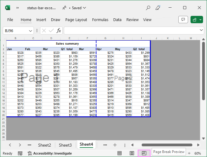 Workbook views on the Excel status bar