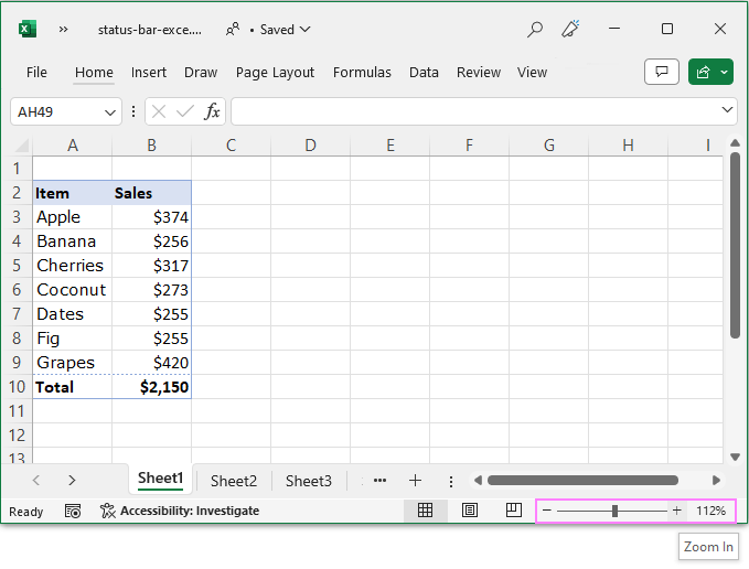 Zoom options on the Excel status bar