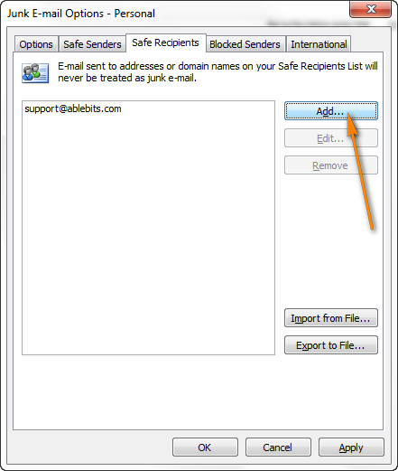 Click the Add button in the right-hand part of the window to add an e-mail address or domain name to a Safe list.