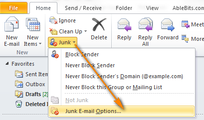 office 2013 outlook spam settings