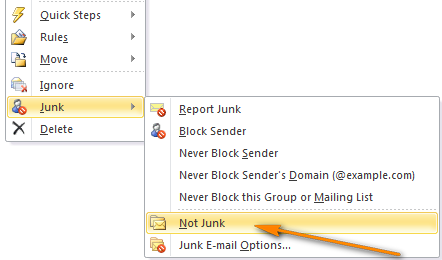 Right click a message and choose Not Junk from the context menu.