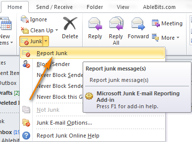 Select a junk message in the list of emails and click Report Junk.