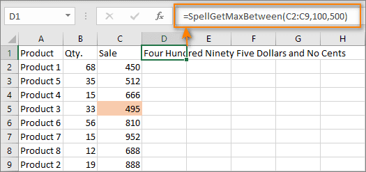 Nest several UDFs to find the maximum value in a range and spell it.