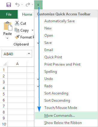 Add more commands to the Quick Access Toolbar.