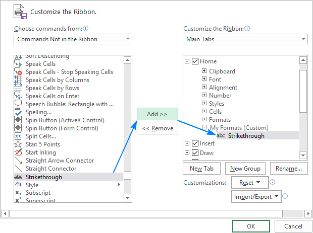 Adding a strikethrough button to a custom ribbon group