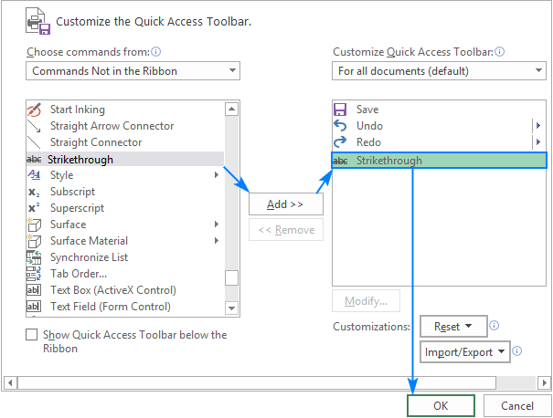 Adding a strikethrough button to the Quick Access Toolbar