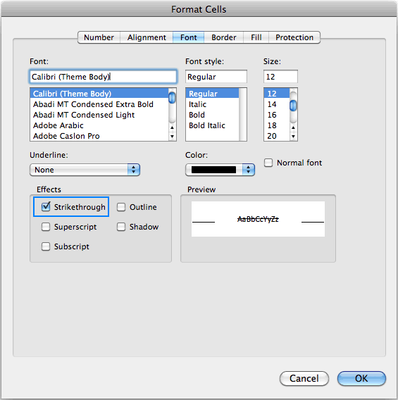 Mac용 Excel에서 셀 형식 옵션을 통해 취소선을 추가합니다.