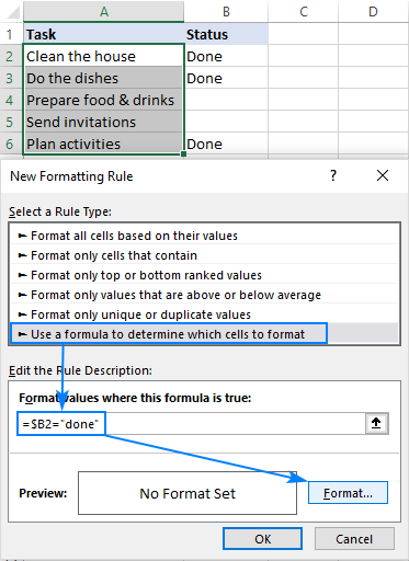 Creating a conditional formatting rule to strikethrough in Excel