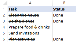 Strikethrough is applied automatically based on another cell value.