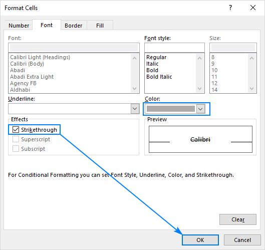 How to cross out a cell in Excel