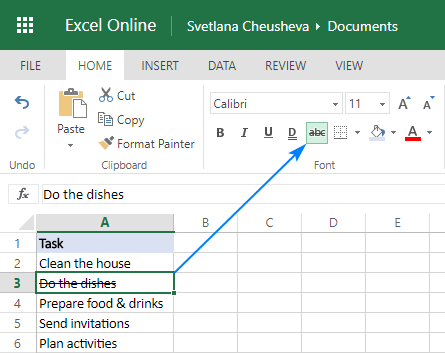 Excel Online에서 취소선 사용