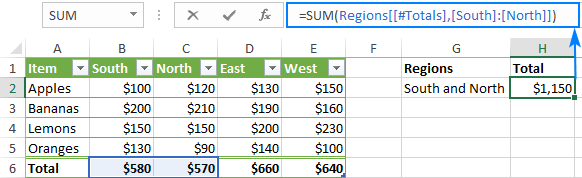 Excel tables reference