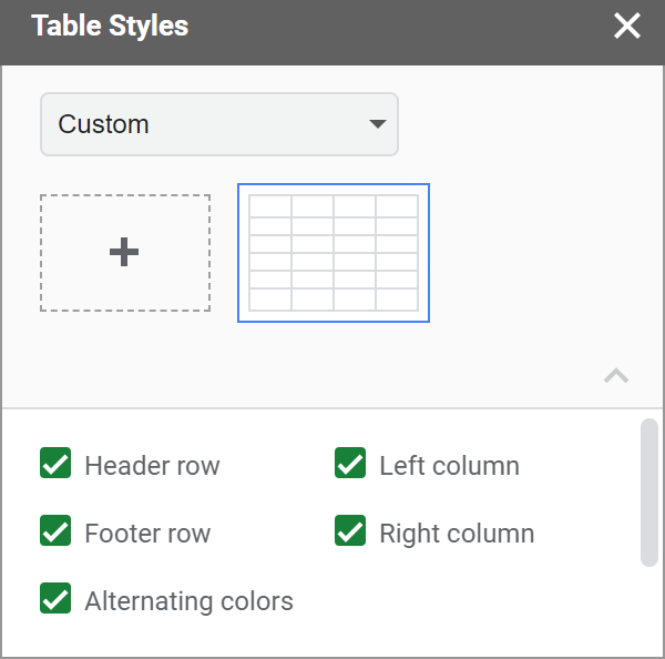 Select all parts that should appear in your Google Sheets table.