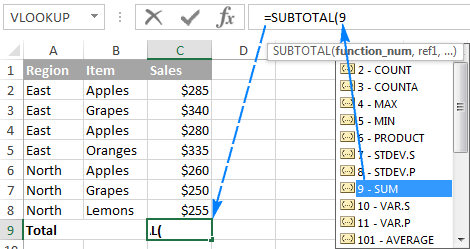 Excel SUBTOTAL function with formula examples