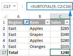 The Subtotal formula to sum values in filtered rows